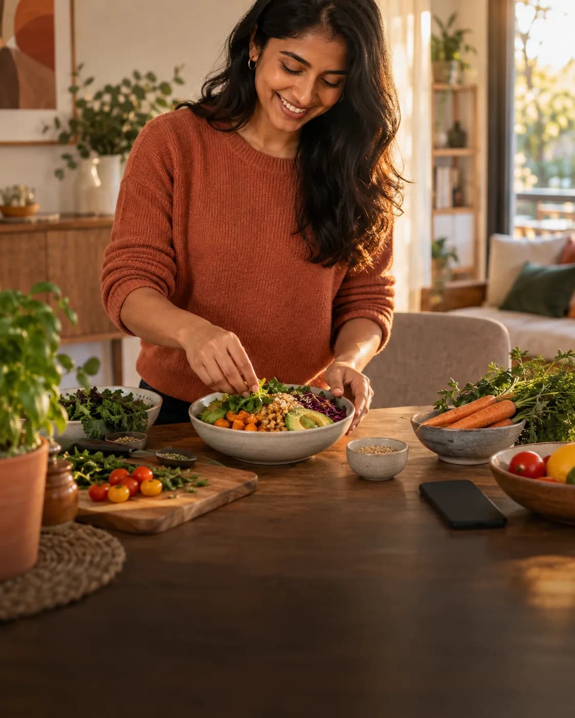 A woman finishing a vegetable and chickpea bowl at home