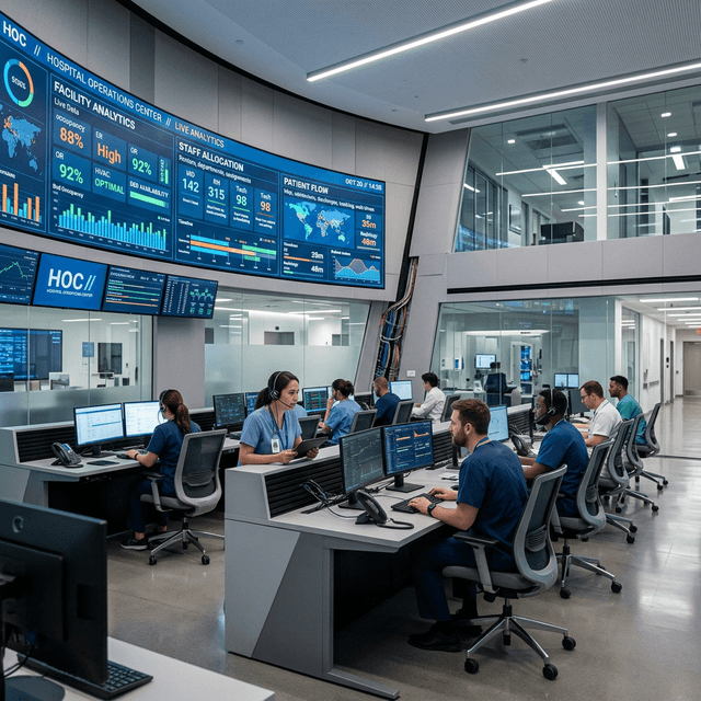 Staff at workstations in a hospital operations room