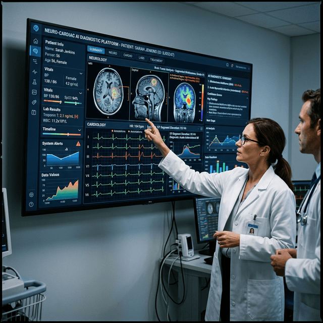 Two clinicians reviewing patient information on a wall screen